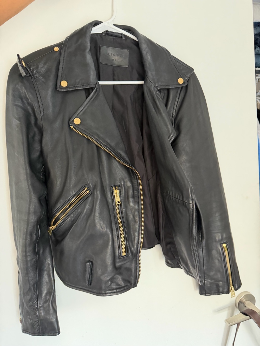 All Saints Black Leather Moto Jacket with Gold Hardware
